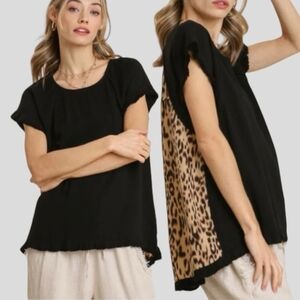 Umgee Black Top with Leopard Print, sz Med